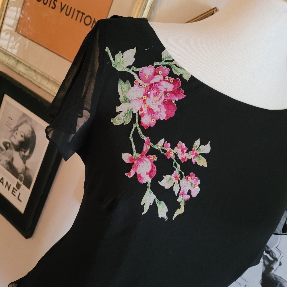 Robbie Bee 90s Black Floral Embroidered 2 Piece Peplum Top and Midi Skirt Set - Picture 4 of 9